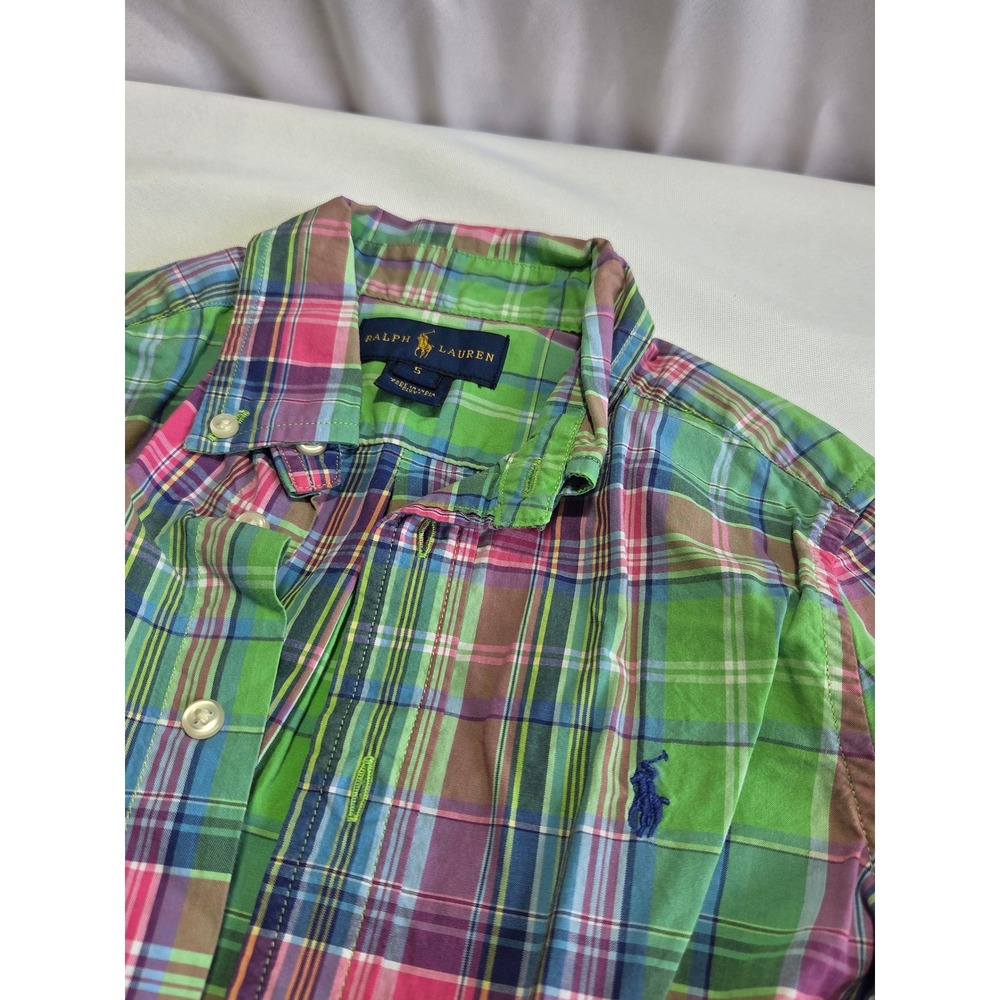 Ralph Lauren Boys Green Pink Madras Plaid Button Down Shirt Size 5 Long Sleeve - Picture 3 of 6